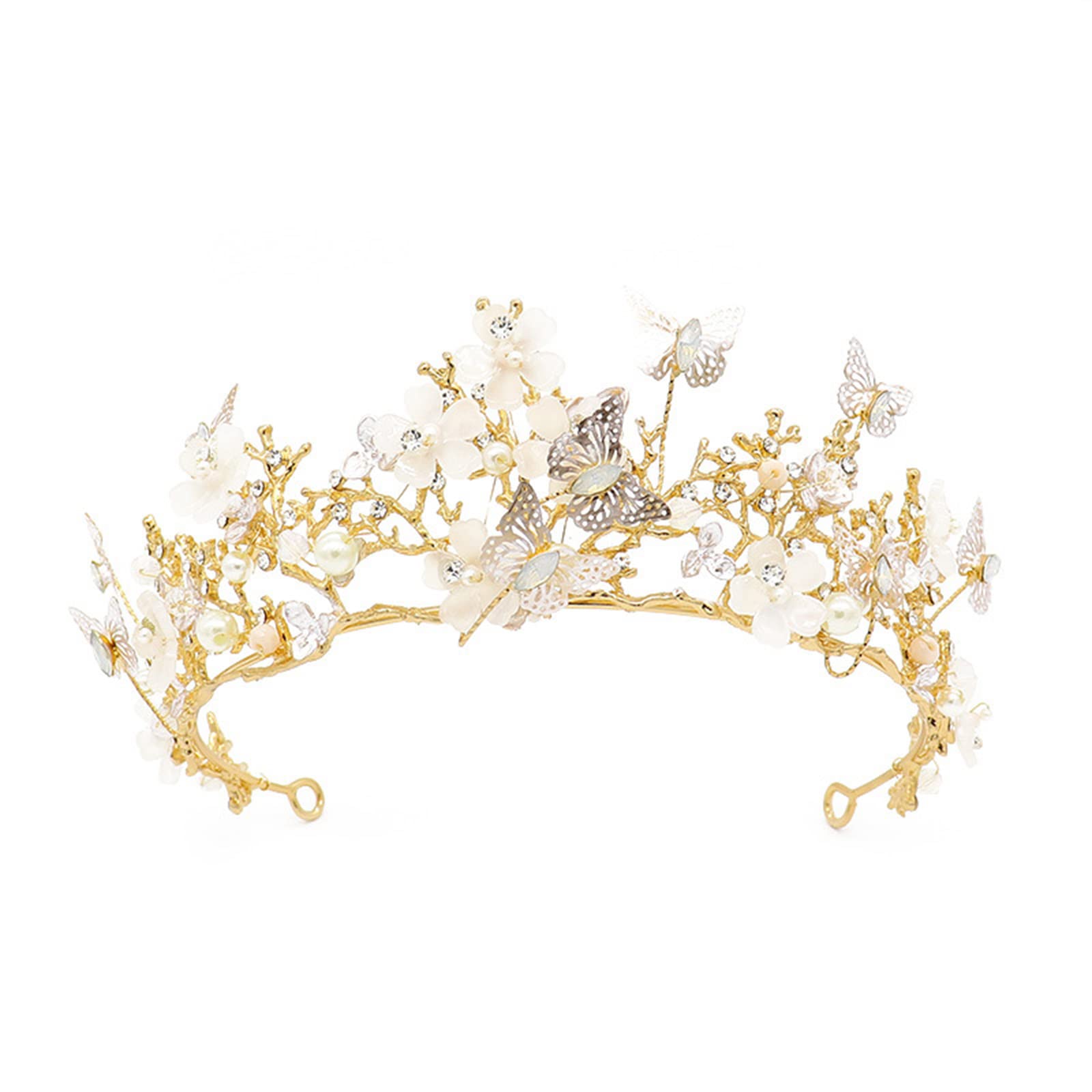 Butterfly Flower Tiara Bride Crown For Women Rhinestone Pearl Tiara For Girls Bridesmaid Fairy Crown Headband Wedding Birthday Party Jewelry Hair Accessories(Gold）