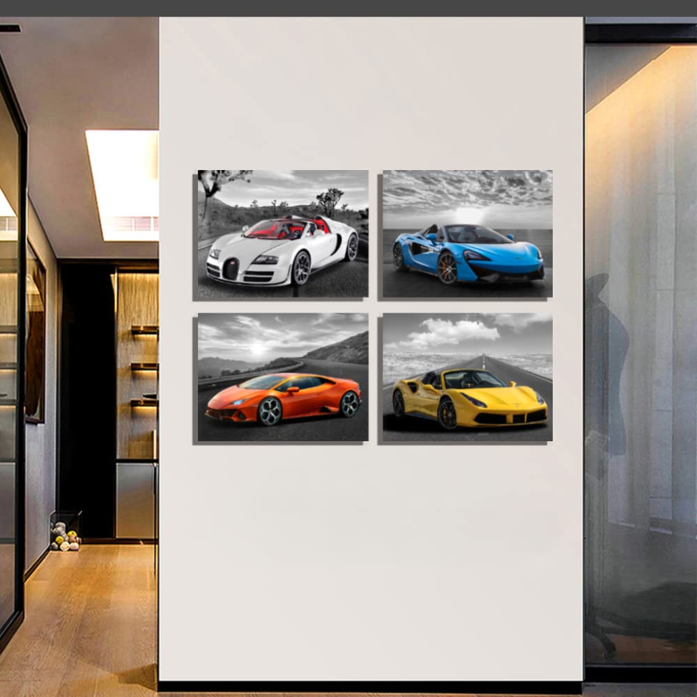 Car Wall Art Car Poster Framed Canvas Wall Art for Bedroom Living Room Boys Bedrooom Man Cave Room Decor Framed Canvas Print Farmhouse Decor Lamborghini Mclaren Posters 4 Pieces