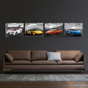 Car Wall Art Car Poster Framed Canvas Wall Art for Bedroom Living Room Boys Bedrooom Man Cave Room Decor Framed Canvas Print Farmhouse Decor Lamborghini Mclaren Posters 4 Pieces