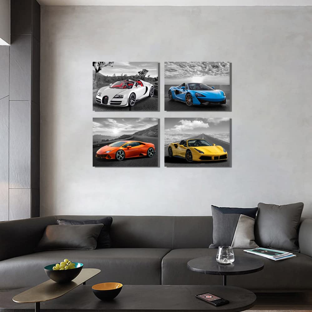 Car Wall Art Car Poster Framed Canvas Wall Art for Bedroom Living Room Boys Bedrooom Man Cave Room Decor Framed Canvas Print Farmhouse Decor Lamborghini Mclaren Posters 4 Pieces