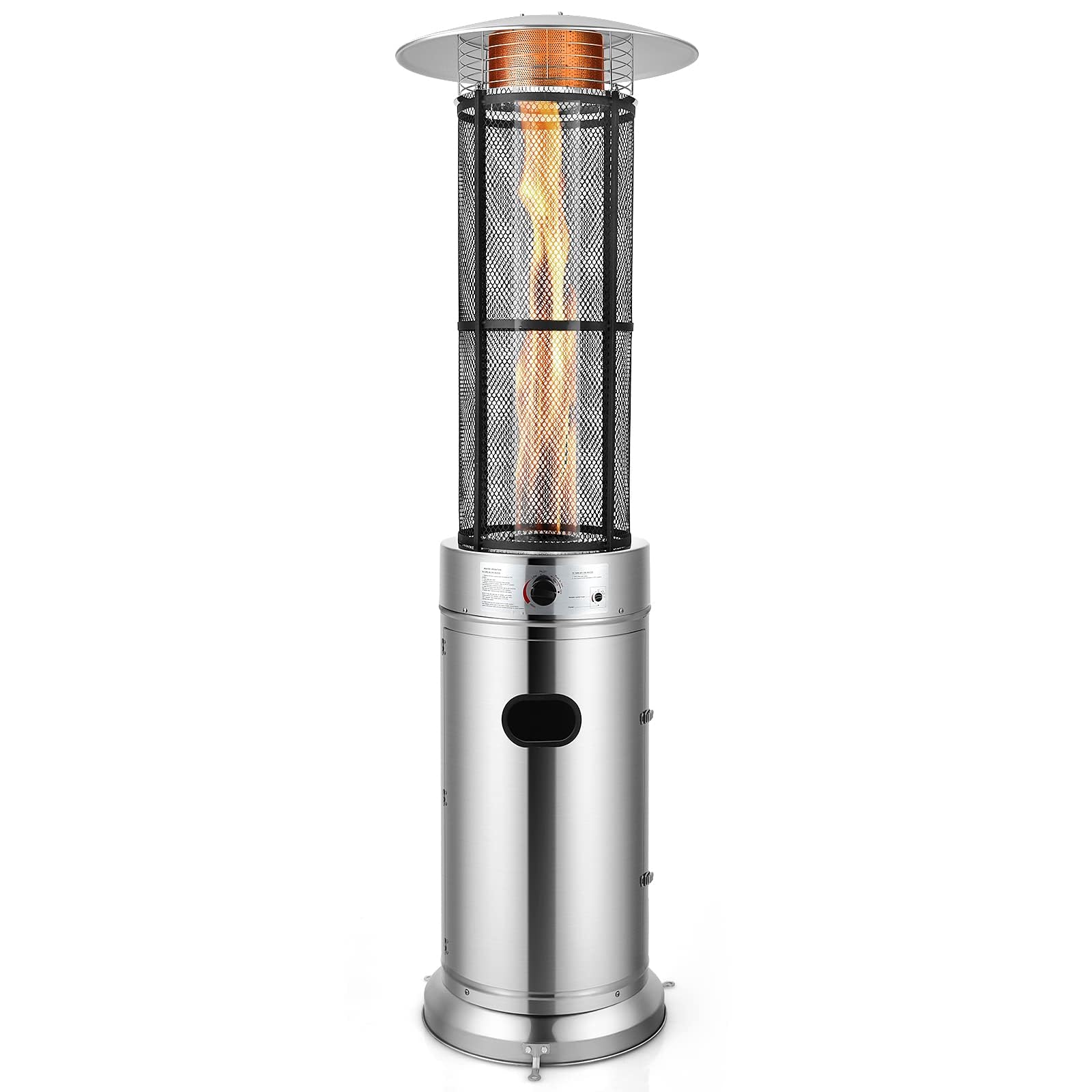 COSTWAY Outdoor Propane Patio Heater, 40,000 BTU Propane Heater with Dancing Flame, Portable Wheels, Stainless Steel Pyramid Floor-Standing Outdoor Heater for Balcony Backyard Garden, Silver