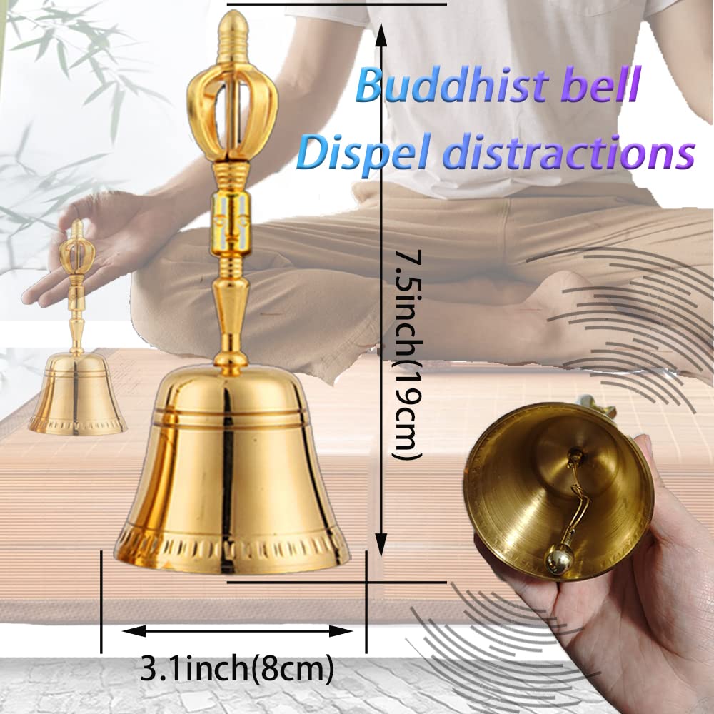 8 Pcs Tibetan Buddhist Meditation Bells Set,3.1inch Singing Bowl Set,2.5inch Tingsha Bells,7.5inch Brass Bell Dorje Vajra,Singing Scripture Implement,8inch Dharma Mat and Zen Bag