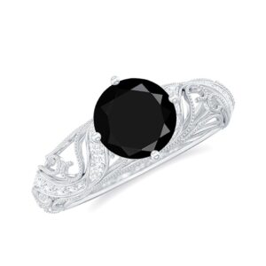 Black Onyx Solitaire Vintage Inspired Engagement Ring with Diamond | 1.50 Cttw | AAA Quality, 14K White Gold, Size:US 7.00