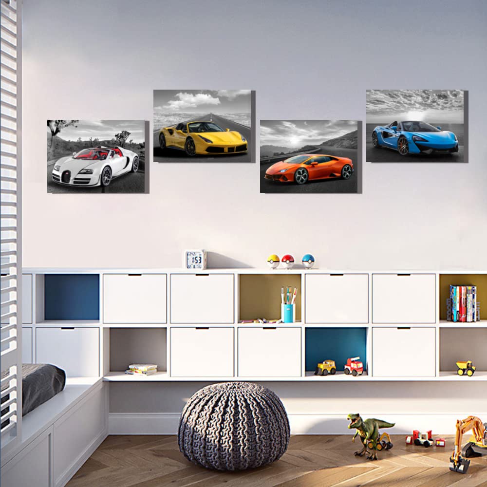 Car Wall Art Car Poster Framed Canvas Wall Art for Bedroom Living Room Boys Bedrooom Man Cave Room Decor Framed Canvas Print Farmhouse Decor Lamborghini Mclaren Posters 4 Pieces