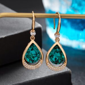 Austrian Crystal Halo Teardrop Hollow Drop Dangle Earrings for Women 14K Rose Gold Plated Hypoallergenic Jewelry (Emerald)