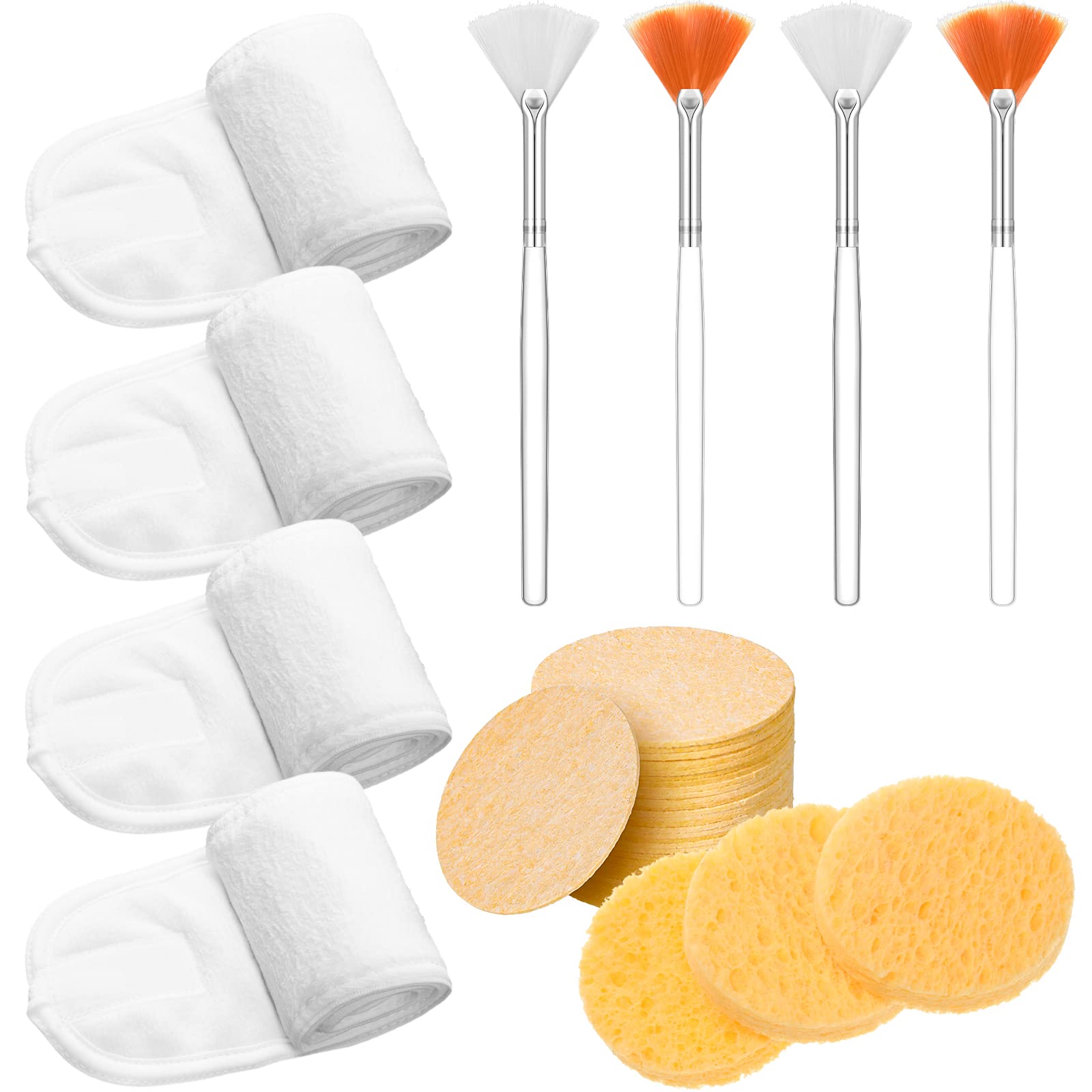 4 Pcs Spa Facial Headband Makeup Head Wrap Adjustable Towel with 30 Pcs Compressed Facial Sponges, 4 Pcs Facial Mask Fan Brushes for Facial Esthetician Supplies (Yellow, White, Orange)