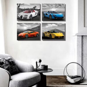 Car Wall Art Car Poster Framed Canvas Wall Art for Bedroom Living Room Boys Bedrooom Man Cave Room Decor Framed Canvas Print Farmhouse Decor Lamborghini Mclaren Posters 4 Pieces