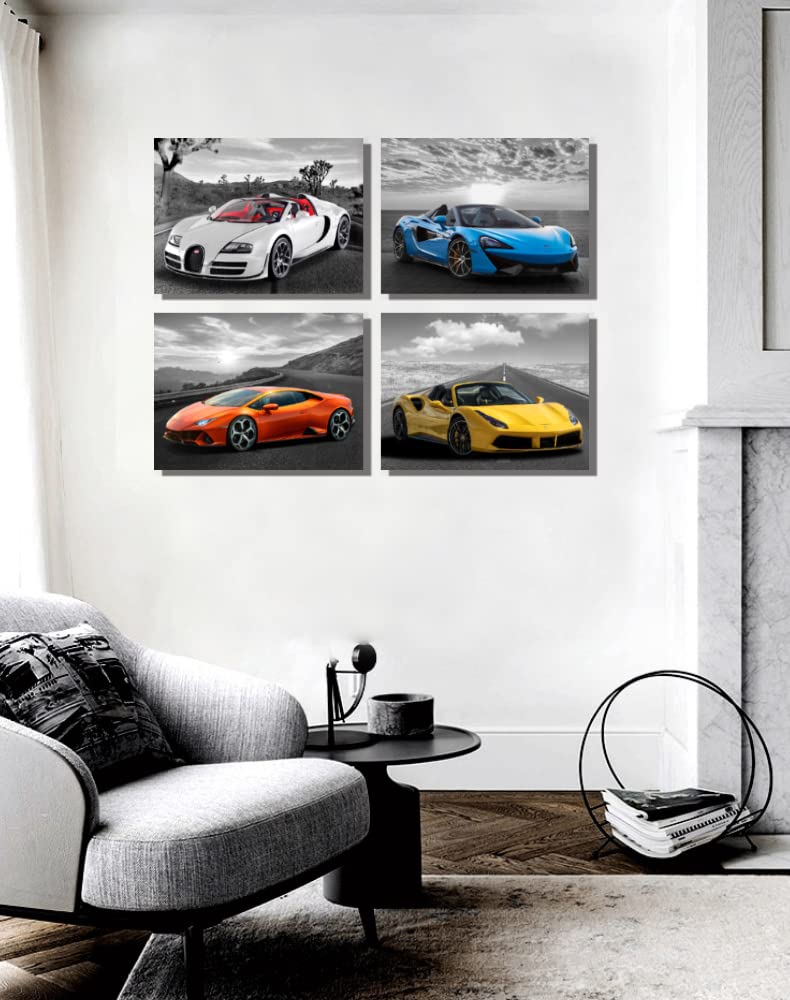 Car Wall Art Car Poster Framed Canvas Wall Art for Bedroom Living Room Boys Bedrooom Man Cave Room Decor Framed Canvas Print Farmhouse Decor Lamborghini Mclaren Posters 4 Pieces