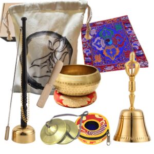 8 Pcs Tibetan Buddhist Meditation Bells Set,3.1inch Singing Bowl Set,2.5inch Tingsha Bells,7.5inch Brass Bell Dorje Vajra,Singing Scripture Implement,8inch Dharma Mat and Zen Bag