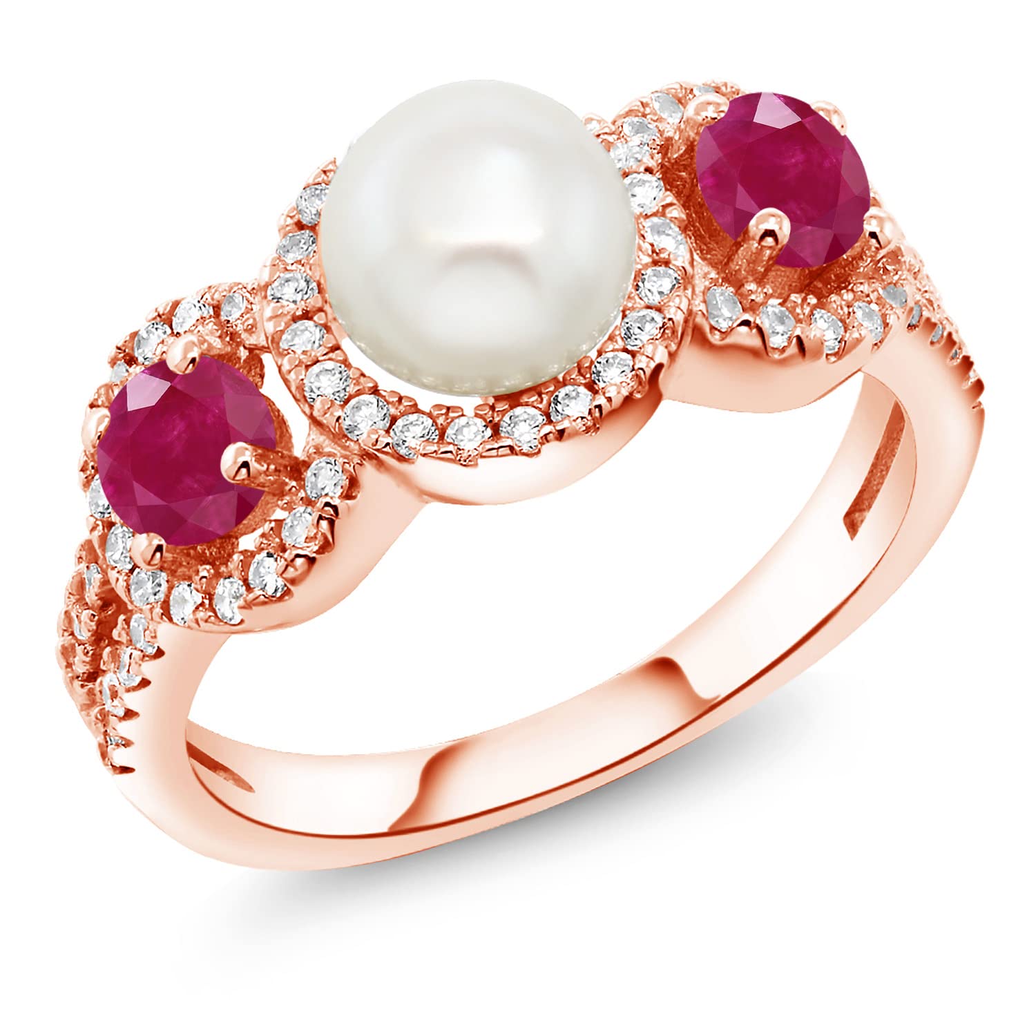 Gem Stone King 1.50 Ct Round Red Ruby 18K Rose Gold Plated Silver Cultured Freshwater Pearl Ring (Size 8)