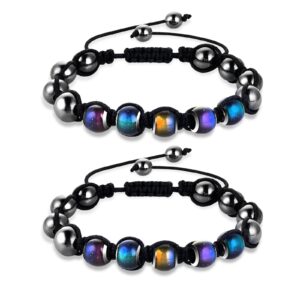 Yolev 2 Pieces Adjustable Mood Bracelet Dazzling Shimmer Color Changing Beads Yoga Beads Bracelet for Men Women