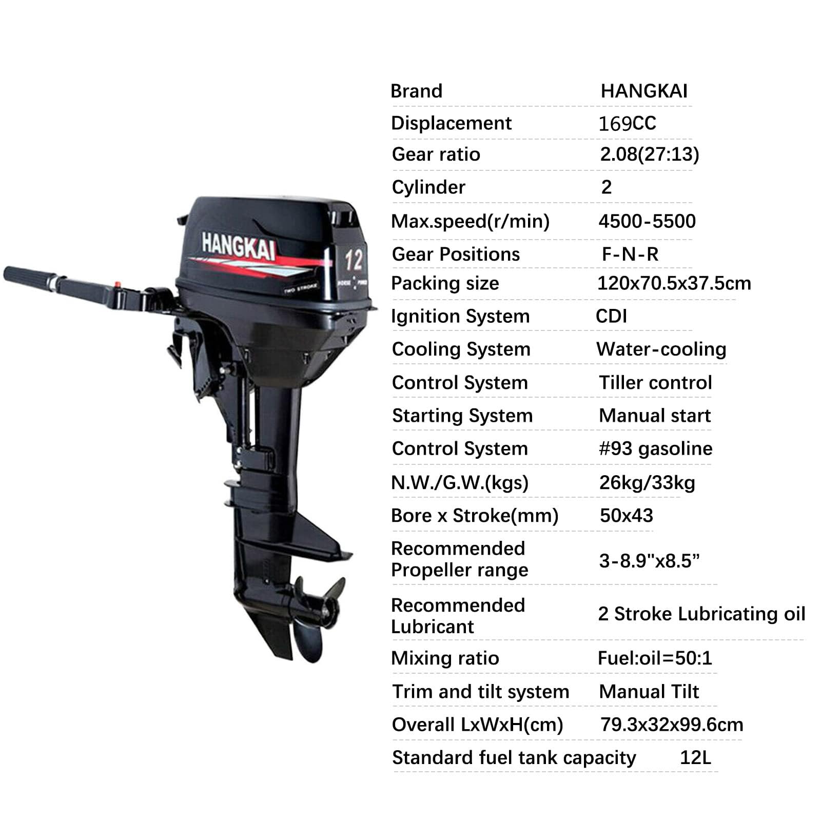 BJTDLLX Short Shaft Outboard Motor, 2 Stroke 12 HP Outboard Boat Motor, 169CC Heavy Duty Fishing Boat Engine Marine Engine Tiller Control Motor with Water Cooling & CDI Ignition System