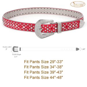 JASGOOD Rhinestone Belt for Women and Men, Western Cowgirl Cowboy Bling Studded Leather Belt Rhinestone Belt for Jeans Pants Dress, C-Red, Suit Pants Size 28”-33”