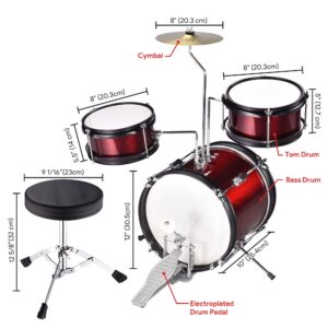 3-Piece Drum Set Kit Junior Size with Throne Cymbal Bass Sticks Pedal US Delivery (Red 1)