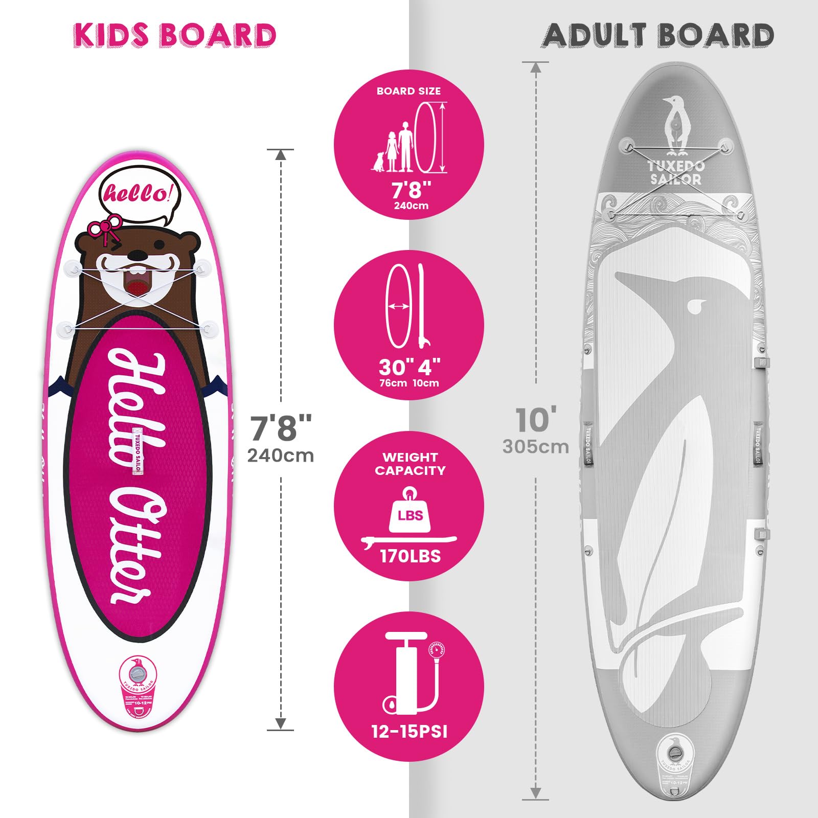 Tuxedo Sailor Inflatable Paddle Boards 7'8"×30"×4" SUP Kids Stand Up Paddle Board Ultra Light with Fins, Adj Paddle, Leash, 10L Dry Bag, Pump, Backpack