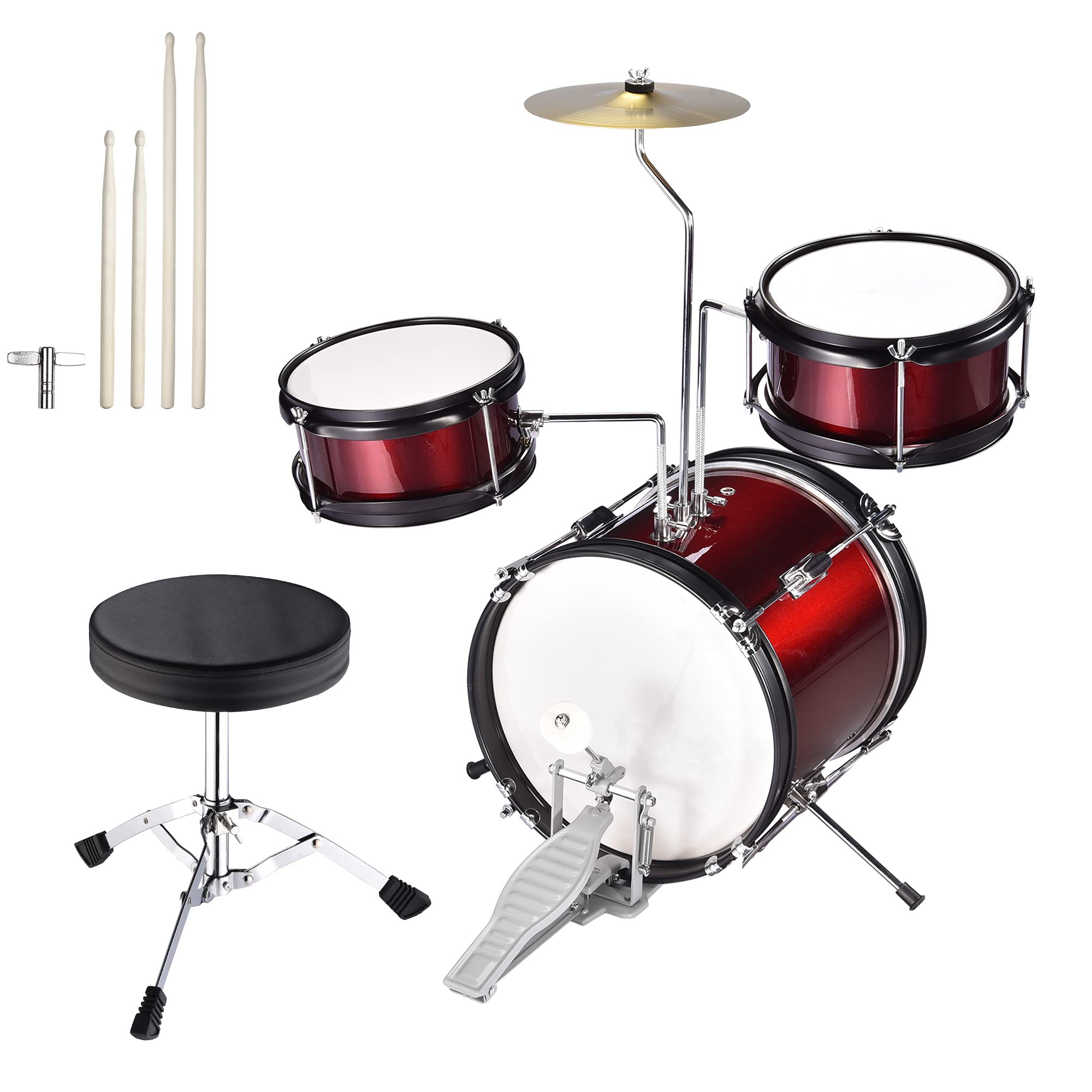 3-Piece Drum Set Kit Junior Size with Throne Cymbal Bass Sticks Pedal US Delivery (Red 1)