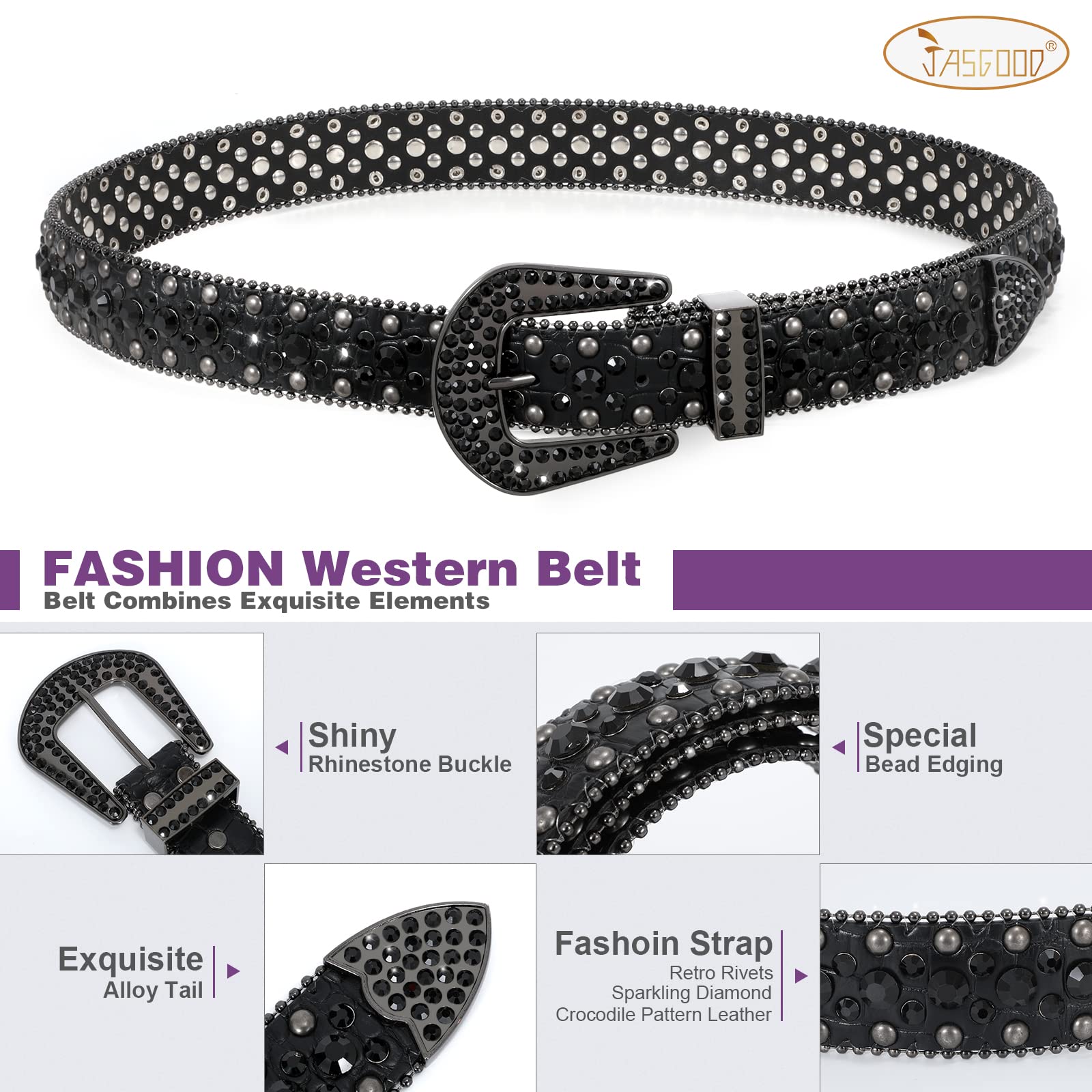 JASGOOD Cowboy Cowgirl Rhinestone Belt for Jeans, Men and Women Crocodile Grain Leather Studded Belt, E-Black, Suit Pants Size 33"-38"