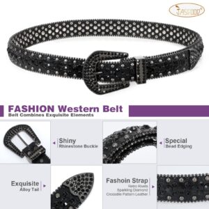 JASGOOD Cowboy Cowgirl Rhinestone Belt for Jeans, Men and Women Crocodile Grain Leather Studded Belt, E-Black, Suit Pants Size 27”-32”