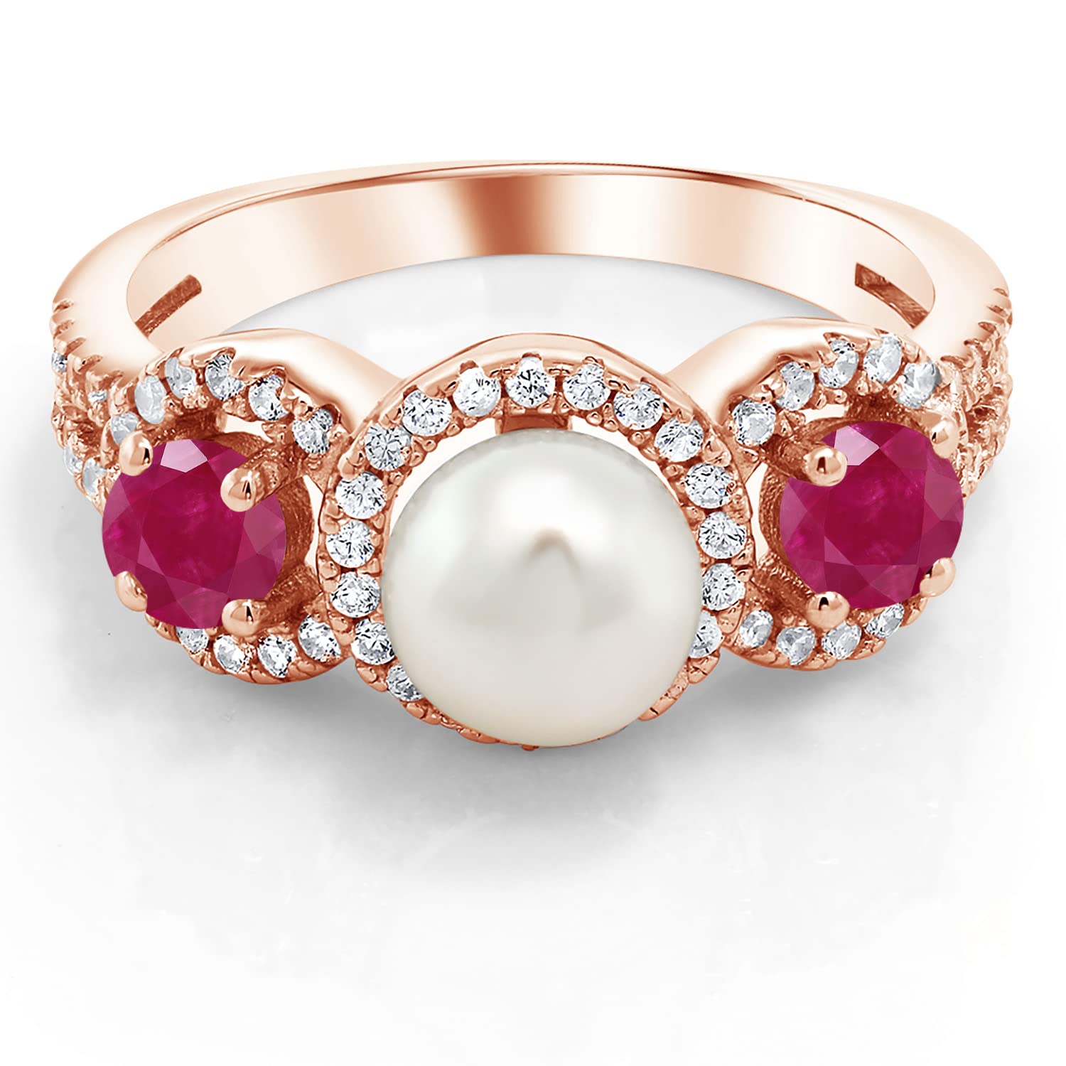 Gem Stone King 1.50 Ct Round Red Ruby 18K Rose Gold Plated Silver Cultured Freshwater Pearl Ring (Size 8)