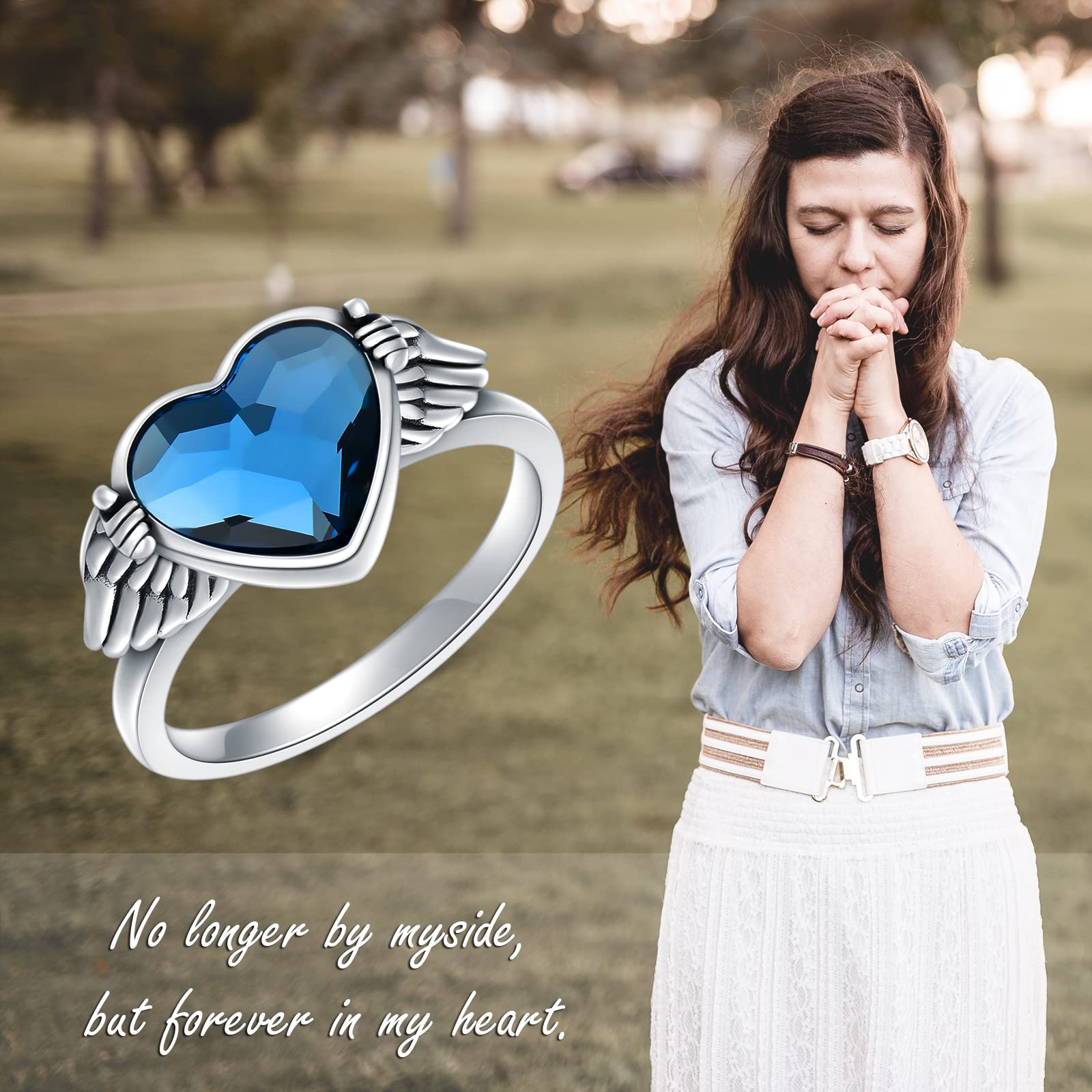 Urn Ring for Ashes Sterling Silver Hold You in My Heart Angel Wings with Heart Cremation Memorial Keepsake Jewelry with Blue Heart Crystal, US Size 7