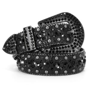 jasgood cowboy cowgirl rhinestone belt for jeans, men and women crocodile grain leather studded belt, e-black, suit pants size 33"-38"