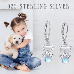 Dog Earrings 925 Sterling Silver Dog Paw Dangle Drop Earrings Dog Bone Leverback Earrings Moonstone Dog Print Earrings Animal Dog Paw Jewelry for Women