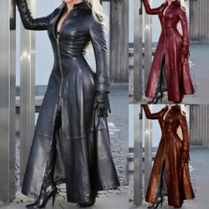 INESVER Womens Leather Long Sleeve Jacket Dress Full Zipper Leather Long Jacket Coats Fashion Lapel Collar Outwear