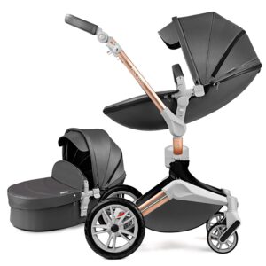 Hot Mom 2 Ultra Baby Stroller with 360° Rotation Function, PU Leather Pushchair Stylish and Convenient Pram for Newborns, 2024 (Dark Grey)