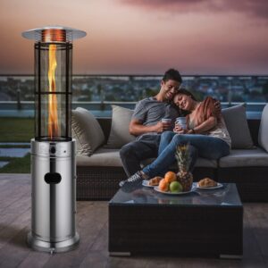 COSTWAY Outdoor Propane Patio Heater, 40,000 BTU Propane Heater with Dancing Flame, Portable Wheels, Stainless Steel Pyramid Floor-Standing Outdoor Heater for Balcony Backyard Garden, Silver