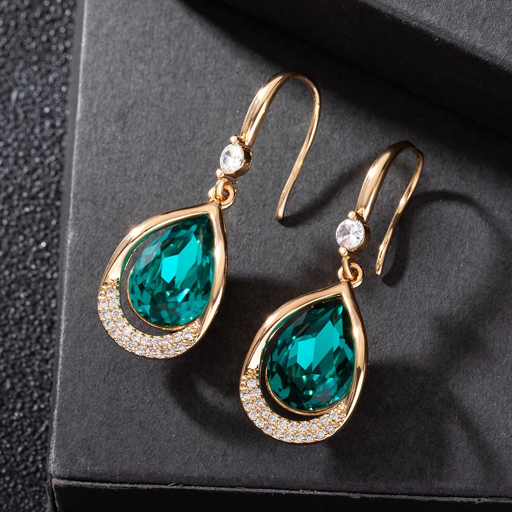 Austrian Crystal Halo Teardrop Hollow Drop Dangle Earrings for Women 14K Rose Gold Plated Hypoallergenic Jewelry (Emerald)