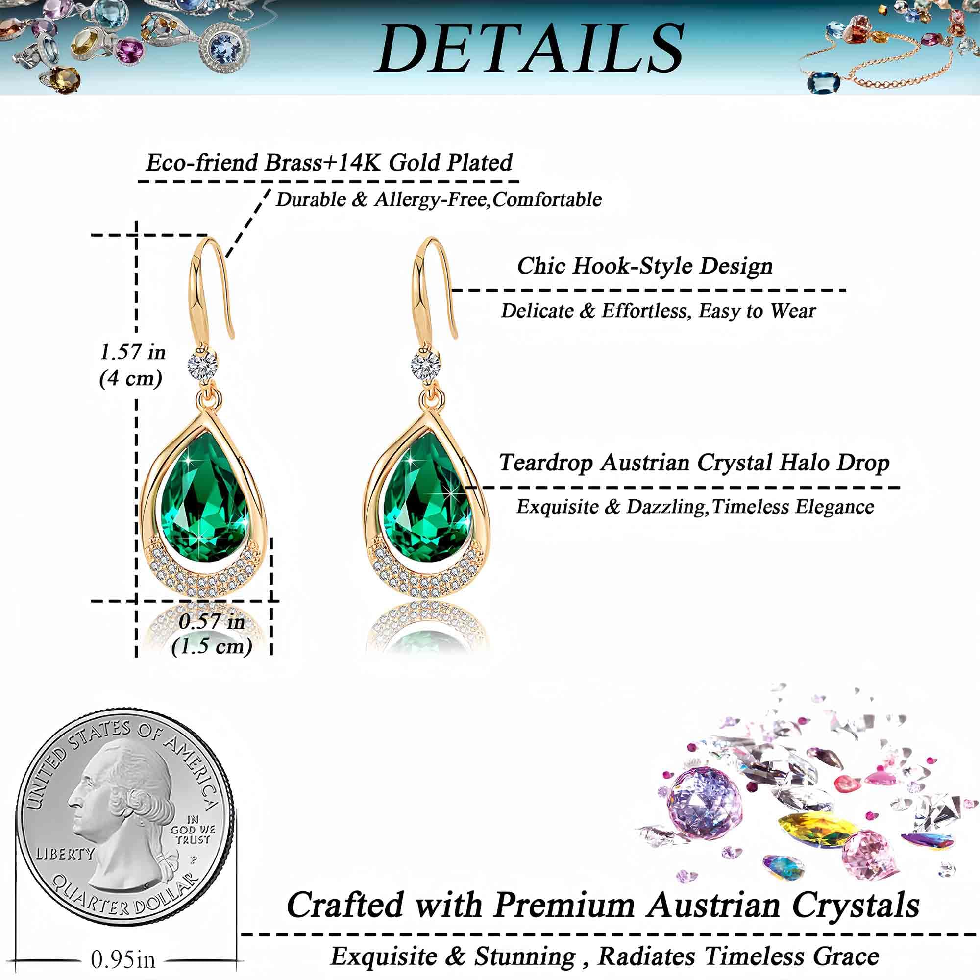 Austrian Crystal Halo Teardrop Hollow Drop Dangle Earrings for Women 14K Rose Gold Plated Hypoallergenic Jewelry (Emerald)