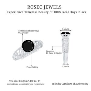 Black Onyx Solitaire Vintage Inspired Engagement Ring with Diamond | 1.50 Cttw | AAA Quality, 14K White Gold, Size:US 7.00