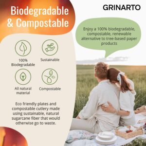 Grinarto Compostable Paper Plates Set 250PCS - Disposable Biodegradable 250 Heavy Duty Large 9 Inch Plate, Sturdy 7 Inch Dessert Plates, 7 Inch Cutlery - Eco-Friendly Bulk Dinner & Party Supplies