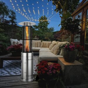 COSTWAY Outdoor Propane Patio Heater, 40,000 BTU Propane Heater with Dancing Flame, Portable Wheels, Stainless Steel Pyramid Floor-Standing Outdoor Heater for Balcony Backyard Garden, Silver