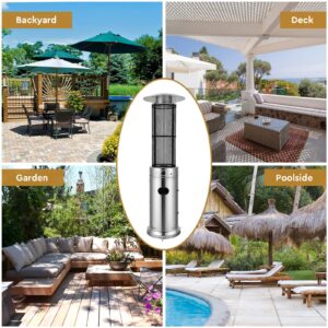 COSTWAY Outdoor Propane Patio Heater, 40,000 BTU Propane Heater with Dancing Flame, Portable Wheels, Stainless Steel Pyramid Floor-Standing Outdoor Heater for Balcony Backyard Garden, Silver