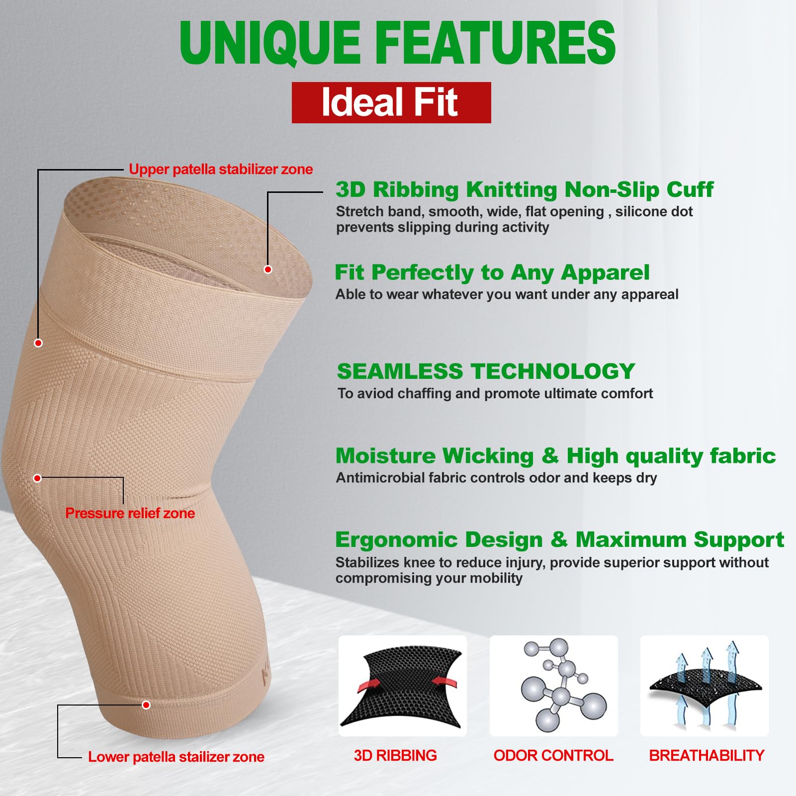 KEKING Orthopedic Brace for Tendinitis, Arthritis, ACL, MCL, Injury Recovery, Meniscus Tear, Knee Pain, Aching Knees, Patellar Tendonitis and Arthritis, Knee Compression Sleeves 2 Pack, Beige L