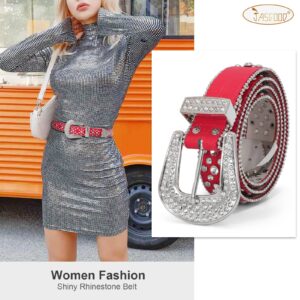 JASGOOD Rhinestone Belt for Women and Men, Western Cowgirl Cowboy Bling Studded Leather Belt Rhinestone Belt for Jeans Pants Dress, C-Red, Suit Pants Size 28”-33”