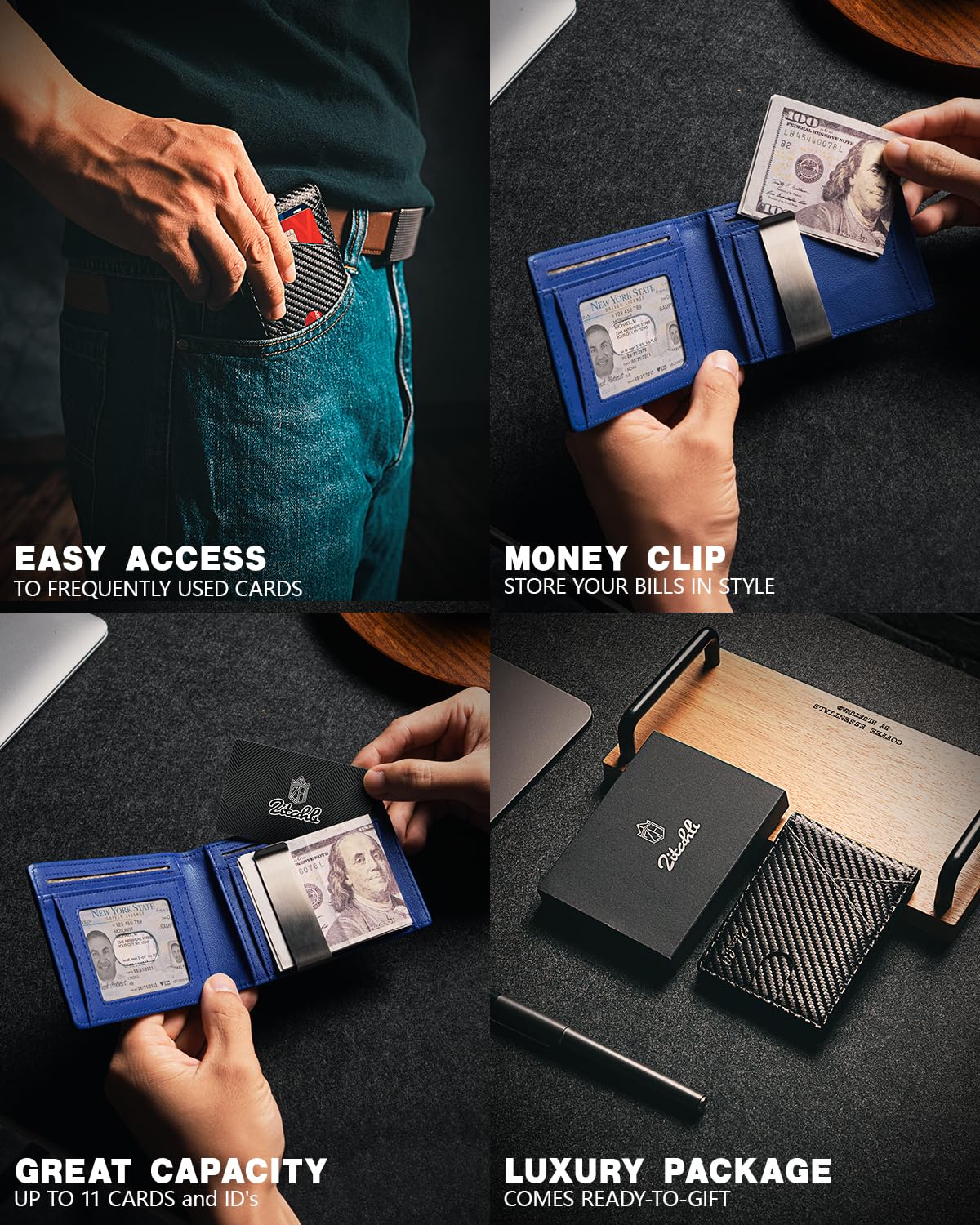 Zitahli Wallet for Men - with Money Clip Slim Leather Slots Credit Card Holder RFID Blocking Bifold Minimalist Wallets with Gift Box