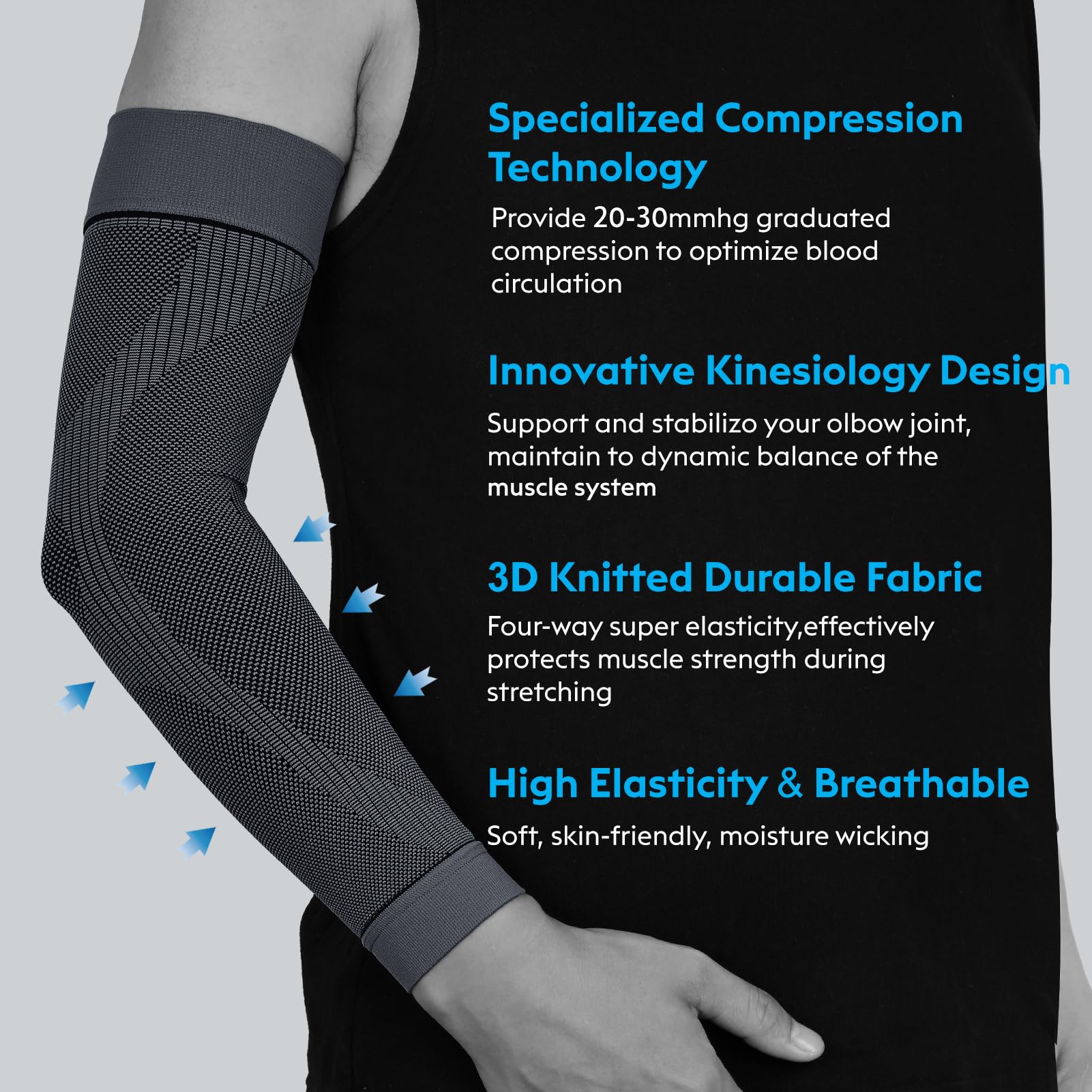 KEKING® Compression Arm Sleeves, Pair, Firm 20-30mmHg Graduated Compression Full Arm Support for Recovery, Pain Relief, Tendonitis, Golfers & Tennis Elbow Brace, Workouts Sports - Latex Free Grey XL