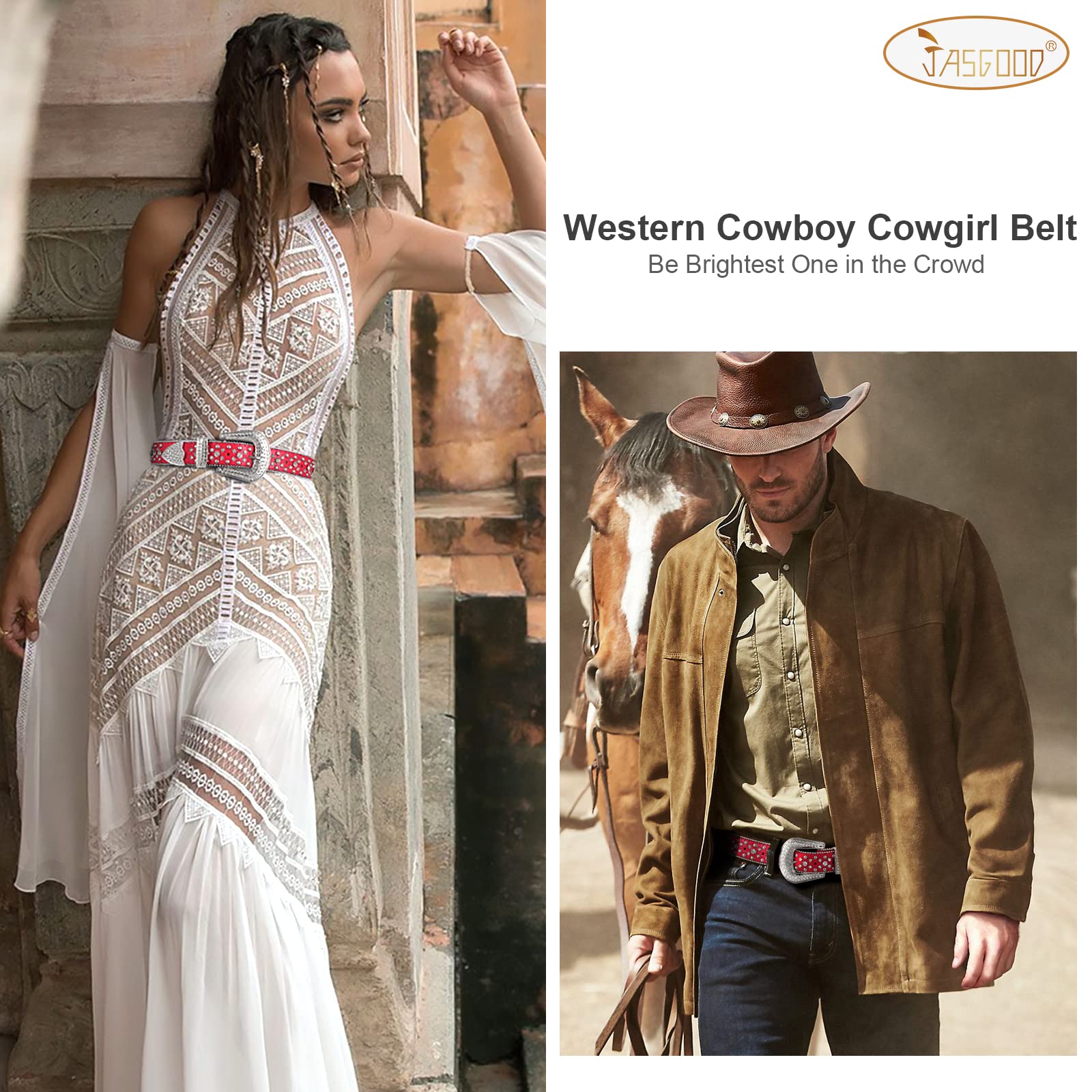 JASGOOD Rhinestone Belt for Women and Men, Western Cowgirl Cowboy Bling Studded Leather Belt Rhinestone Belt for Jeans Pants Dress, C-Red, Suit Pants Size 28”-33”