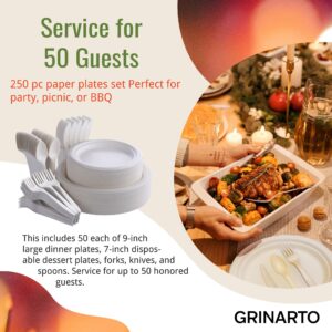 Grinarto Compostable Paper Plates Set 250PCS - Disposable Biodegradable 250 Heavy Duty Large 9 Inch Plate, Sturdy 7 Inch Dessert Plates, 7 Inch Cutlery - Eco-Friendly Bulk Dinner & Party Supplies