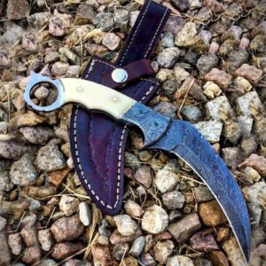 theboneedge 9.5" damascus blade beautiful handle hunting survival fixed blade knife with leather shea