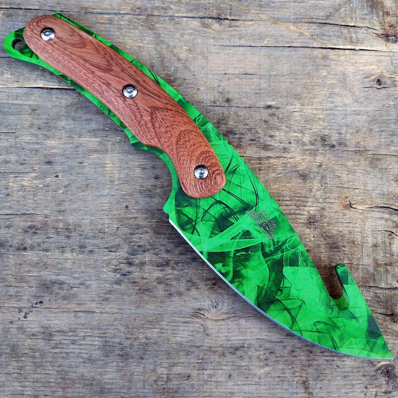 Forest Green Fixed Blade Full Tang Hunting Wood Handle Gut Hook Stainless Steel Survival Knife