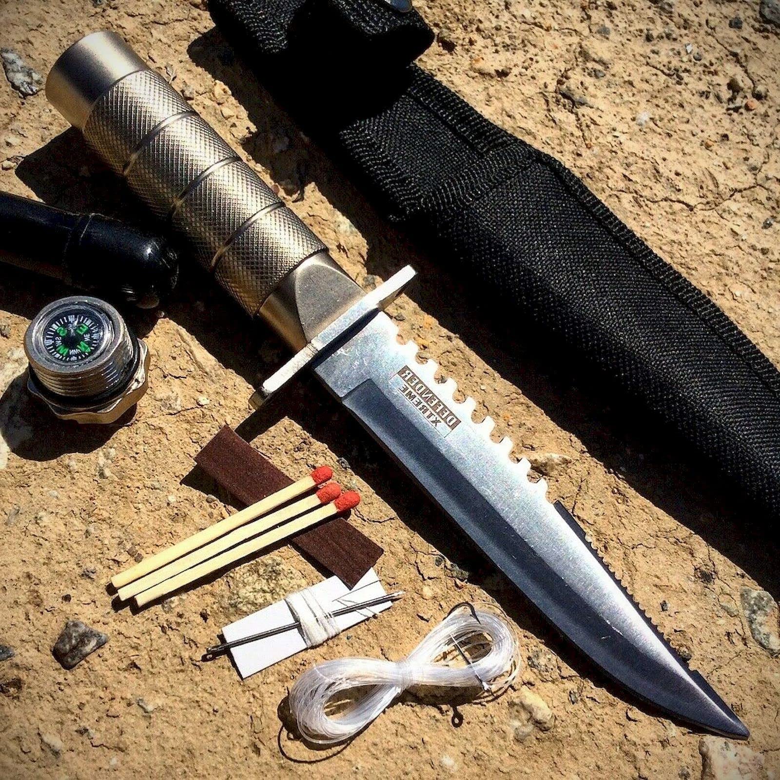 8" Outdoor Camping Stainless Steel Survival Fixed Blade Knife Hunting Fire Starter Kit Compass Sheath