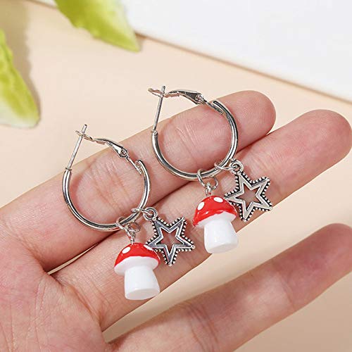 Star Moon Mushroom Necklace Earrings Set,Simulation Acrylic Red Mushroom Drop Earrings for Girls,Long Tassel Mushroom Shape Dangle Earrings for Women (4pair)