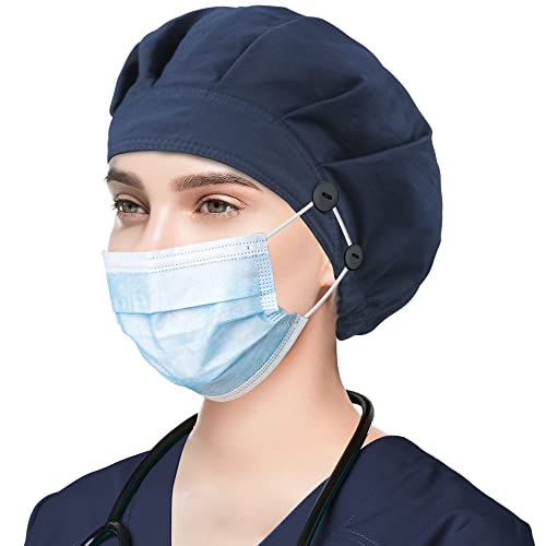 ABAMERICA Bouffant Caps with Button and Sweatband, Adjustable Scrub Caps for Women Men, Satin Layer