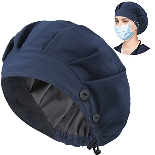 ABAMERICA Bouffant Caps with Button and Sweatband, Adjustable Scrub Caps for Women Men, Satin Layer