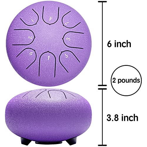 Lronbird Steel Tongue Drum 6 Inch 8 Notes Hand Drums with Bag Sticks Music Book, Sound Healing Instruments for Musical Education Entertainment Yoga Chakra Gifts (Lavender)