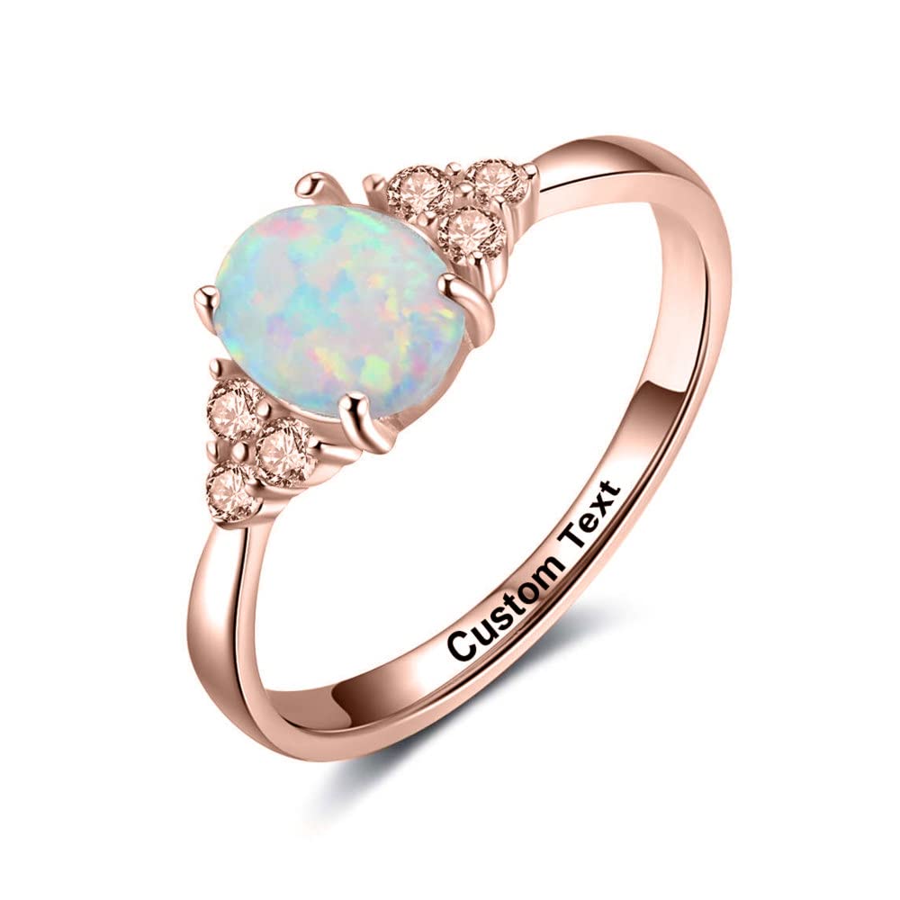 White Opal Ring Dainty Simple Rings for Women Oval Lab Created White Opal & Round Cubic Zirconia Personalized Engraved Custom Name Sterling Silver