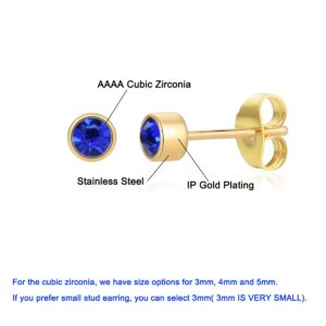 12 Pairs 18K Gold Plated Surgical Stainless Steel Stud Earring, Cubic Zirconia CZ Stud Earrings for Women, Multicolor Birthstone Stud Earrings Set 3mm (Round 3mm)